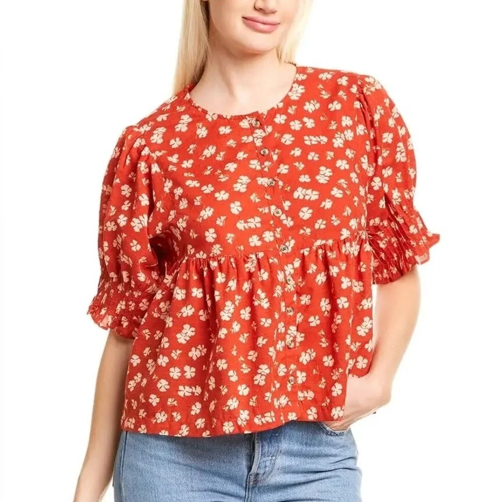 Madewell Puff-Sleeve Button-Front Top in Swiss Dot Happy Aloha Thai Chili Size S